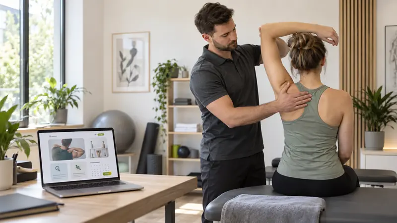 Fizjoterapeuta podczas konsultacji z pacjentką, obok laptop z projektem strony internetowej
