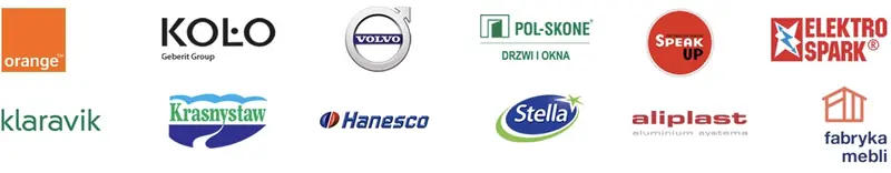 Marki z projektów SEO i SEM: Orange, KOŁO, Volvo, POL-SKONE, Speak Up, Elektro Spark, Klaravik, Krasnystaw, Hanesco, Stella, Aliplast i Fabryka Mebli