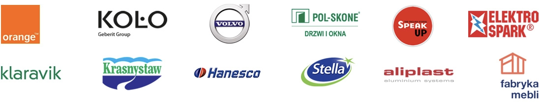 Marki z projektów SEO/SEM: Orange, KOŁO, Volvo, POL-SKONE, Speak Up, Elektro Spark, Klaravik, Krasnystaw, Hanesco, Stella, Aliplast i Fabryka Mebli