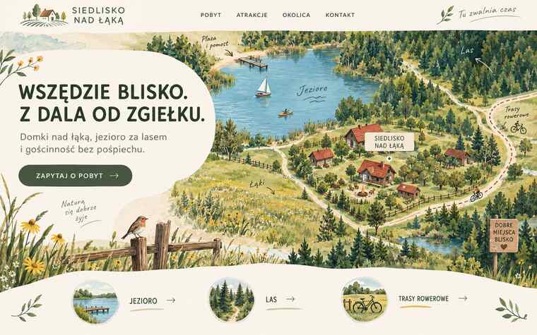 Przykładowy projekt strony agroturystyki z ilustracyjną mapą okolicy