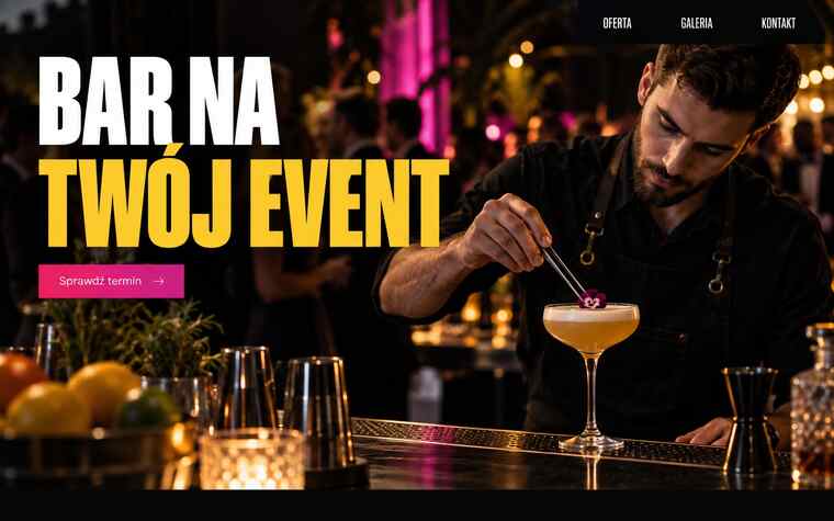 Koncepcja strony barmana — nocny, energetyczny kierunek dla eventów