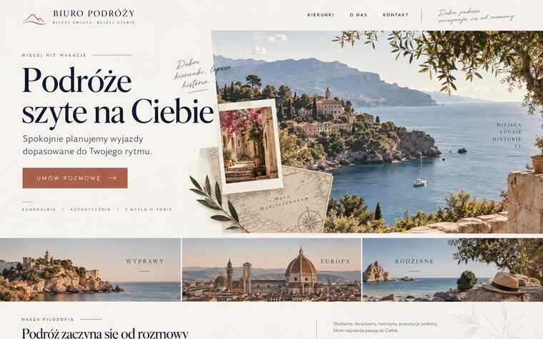 Przykładowy projekt strony butikowego biura podróży w stylu premium editorial