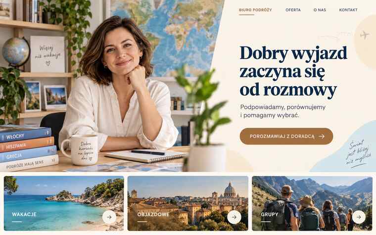 Przykładowy projekt strony lokalnego doradcy podróży w ciepłym stylu