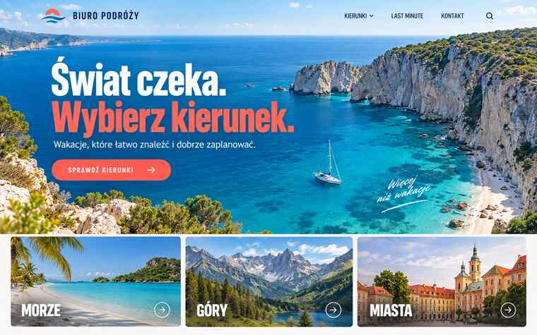Koncepcja strony biura podróży z dynamicznym odkrywaniem kierunków