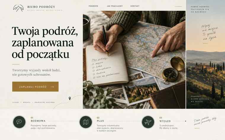 Koncepcja strony biura podróży szyjącego wyprawy na miarę