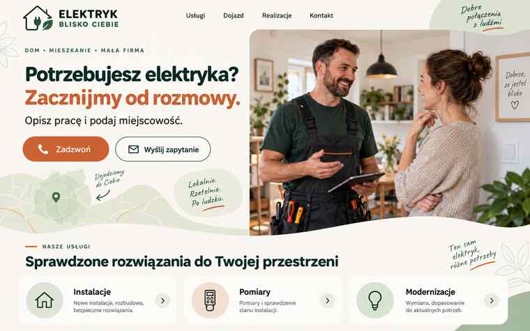 Przykładowy projekt przyjaznej strony lokalnego elektryka z dojazdem