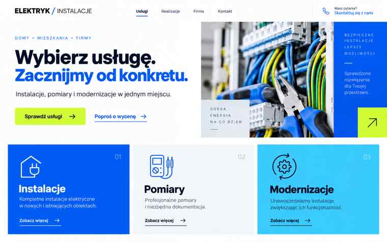 Przykładowy projekt modularnej strony z ofertą usług elektrycznych