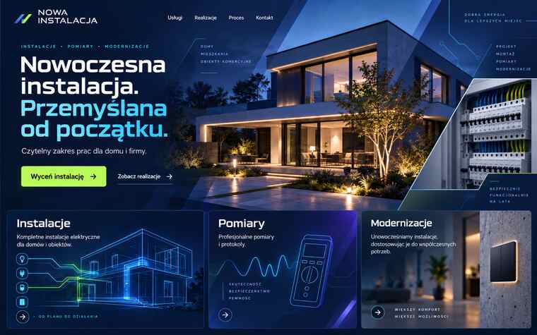 Koncepcja nowoczesnej strony firmy instalacji elektrycznych w cyfrowym stylu