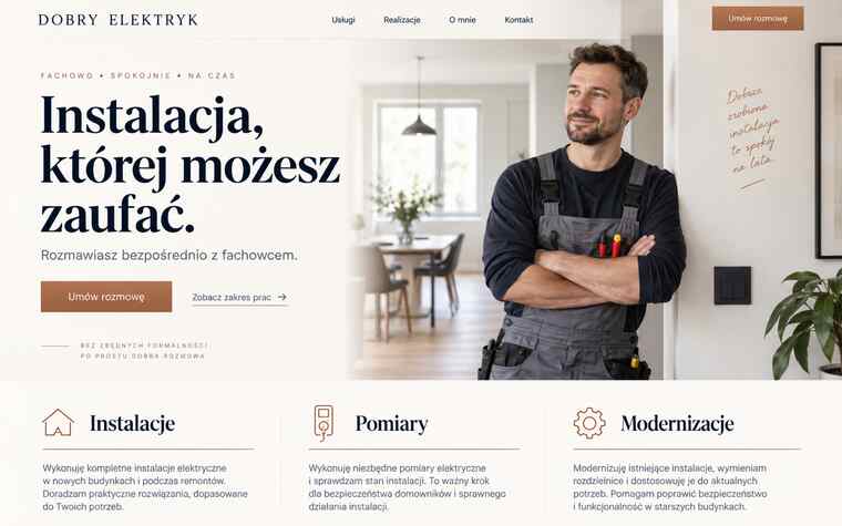 Koncepcja strony elektryka jako osobistego eksperta w spokojnym stylu editorial