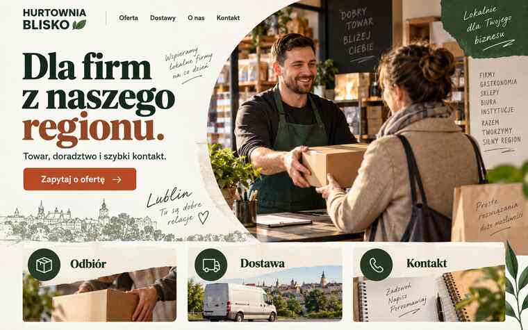 Przykładowy projekt strony lokalnej hurtowni w ciepłym dostępnym stylu