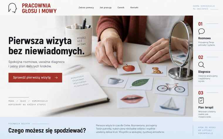 Koncepcja strony logopedy pokazująca proces pierwszej wizyty