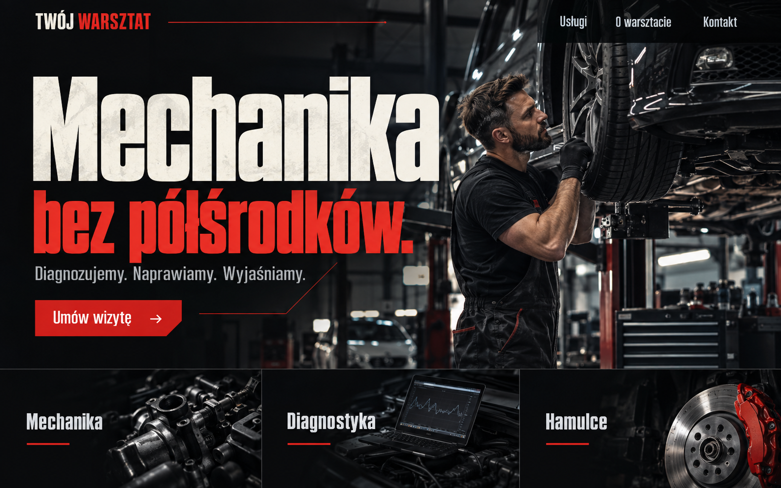 Przykładowy projekt strony warsztatu w wyrazistym, typograficznym stylu