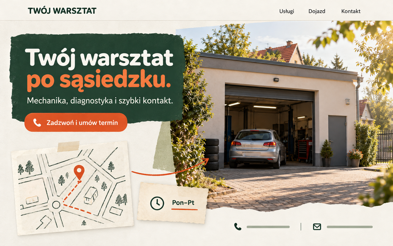 Przykładowy projekt strony lokalnego warsztatu w ciepłym, sąsiedzkim stylu