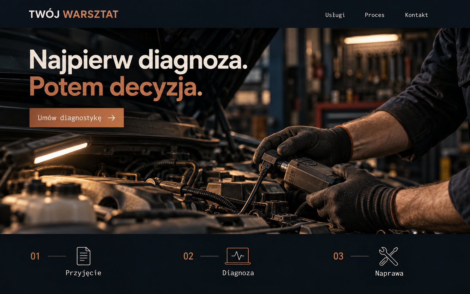Koncepcja strony mechanika pokazująca proces diagnozy i naprawy