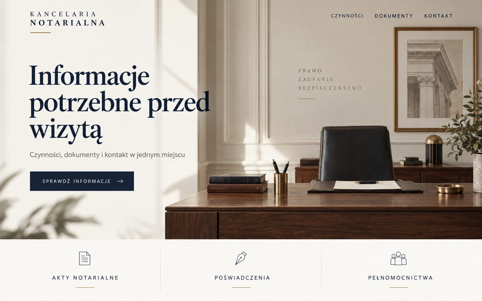 Przykładowy projekt strony notariusza w spokojnym stylu dziedzictwa