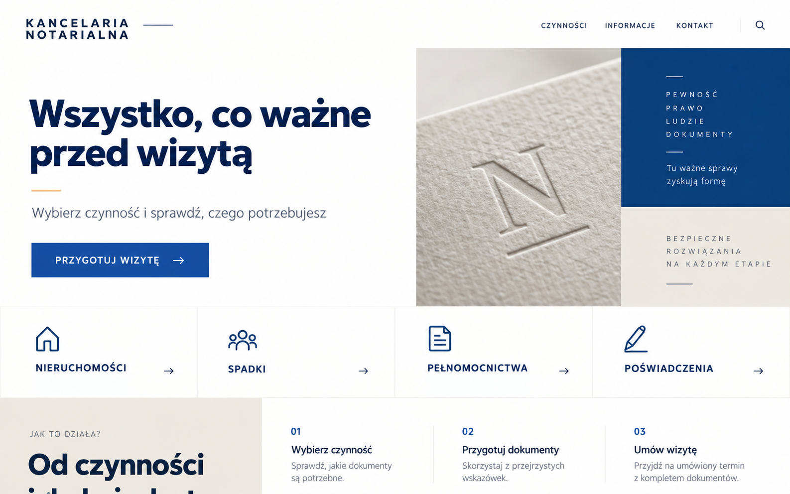 Przykładowy projekt strony notariusza z uporządkowaną siatką informacji