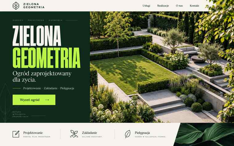 Przykładowy projekt strony ogrodnika w wyrazistym stylu zielonej geometrii