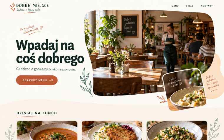 Poglądowa koncepcja strony lokalnego bistro w ciepłym, gościnnym stylu