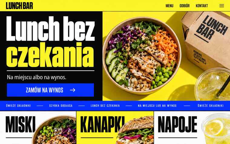 Poglądowa koncepcja strony nowoczesnego lunch baru w odważnym stylu typograficznym