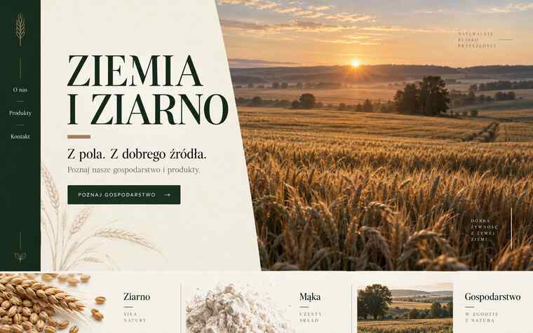 Przykładowy projekt strony gospodarstwa zbożowego w eleganckim stylu editorialowym