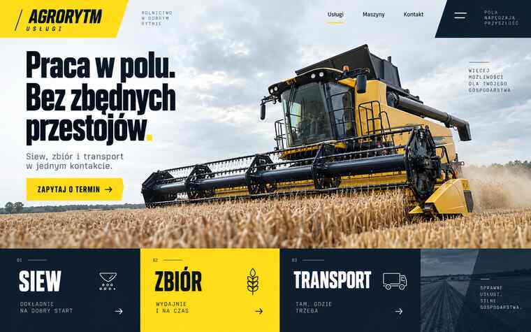 Przykładowy projekt strony usług rolniczych w wyrazistym technicznym stylu