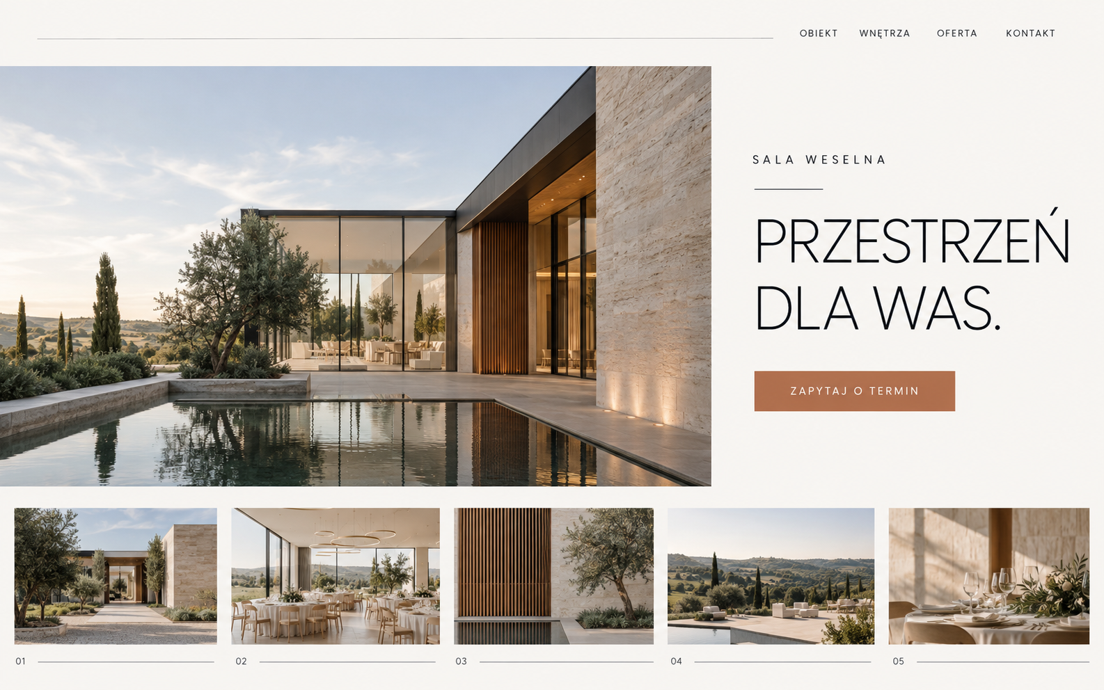 Koncepcja strony sali weselnej w minimalistycznym stylu architektonicznym