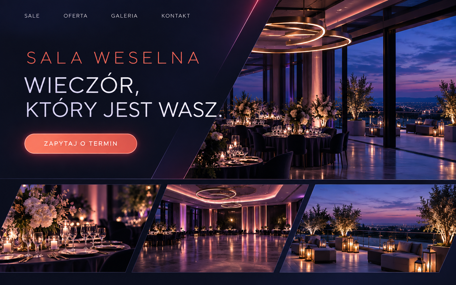 Koncepcja strony sali weselnej w nowoczesnym wieczorowym stylu cyfrowym