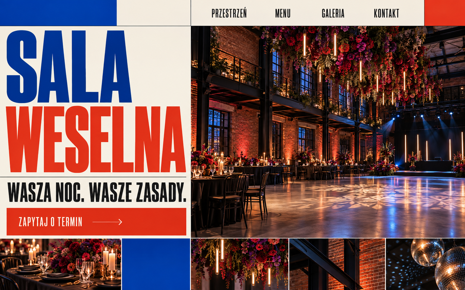 Przykładowy projekt strony miejskiej sali weselnej z wyrazistą typografią