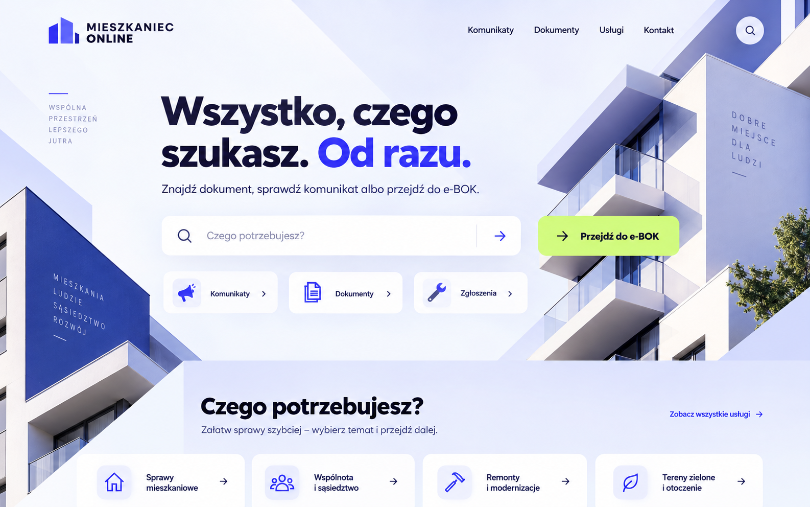 Koncepcja cyfrowej strony spółdzielni z wyszukiwaniem i wejściem do e-BOK