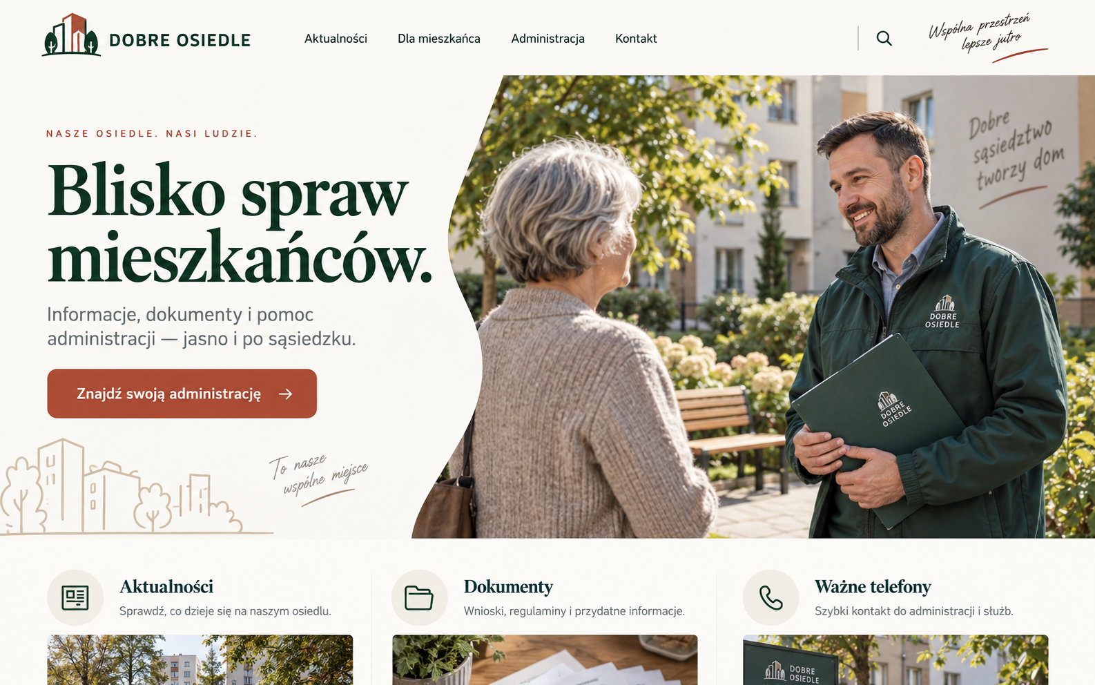 Koncepcja strony spółdzielni w ciepłym lokalnym stylu editorialowym