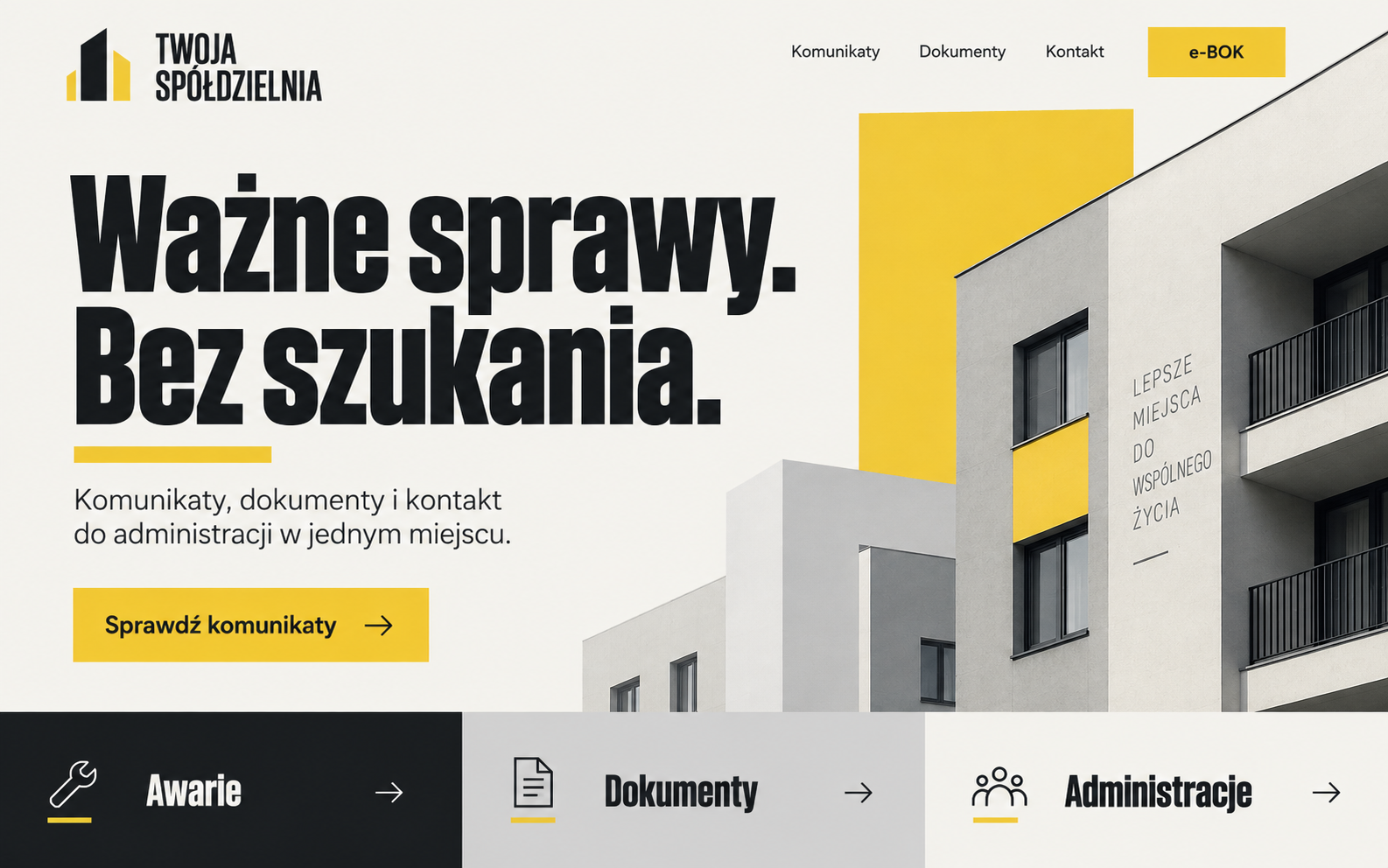Przykładowy projekt strony spółdzielni w wyrazistym stylu typograficznym