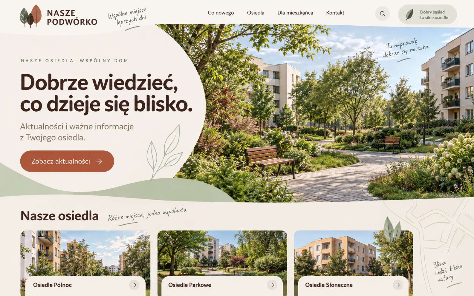 Przykładowy projekt wspólnotowej strony osiedla w zielonym stylu