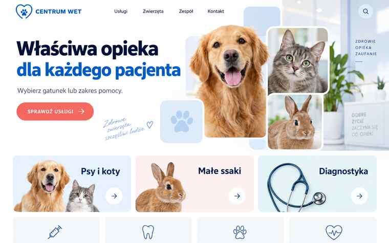 Koncepcja strony kliniki weterynaryjnej z modularną prezentacją gatunków i usług