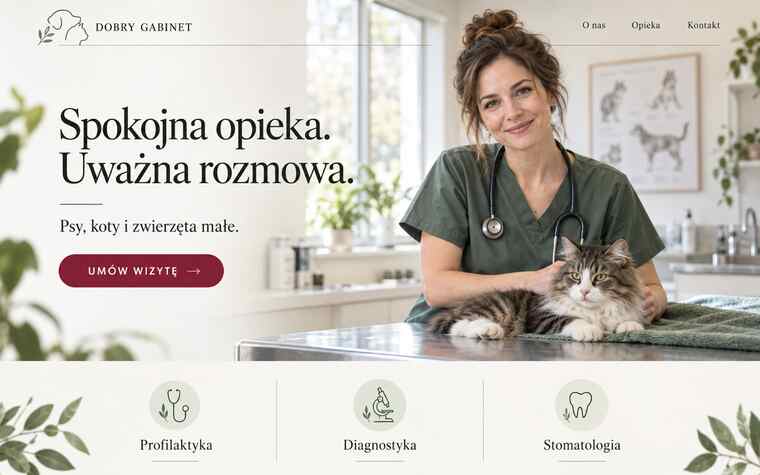 Przykładowy projekt strony kameralnego gabinetu weterynaryjnego w spokojnym stylu editorial