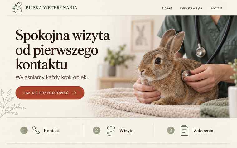 Przykładowy projekt strony weterynaryjnej pokazujący spokojny proces wizyty